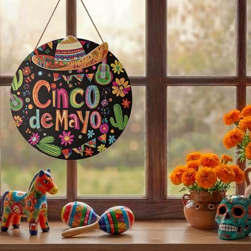 Smile Cinco De Mayo Wooden Round Door Hanger, Mexican Fiesta Themed Front Door Sign with Sombrero & Cactus for Party Decor - style: Sombrero