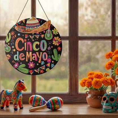 Smile Cinco De Mayo Wooden Round Door Hanger, Mexican Fiesta Themed Front Door Sign with Sombrero & Cactus for Party Decor - style: Sombrero