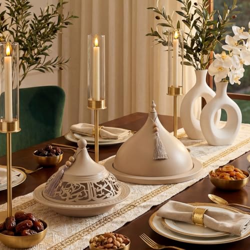 Qinyoung Decorative Ramadan Dates Cover, 12 Inch Taupe Metal Serving Dome Cloche Cover with Silver Tassel for Dates, Eid Serving Platter, Elegant Iftar and Suhoor Table Centerpiece - size: 12 Inch, style: Classic