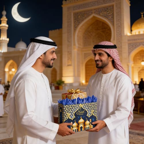 CMSSHUAI 12 Pcs Eid Mubarak Gift Bags with Handles 12.8 x 10.4 x 4.4 Inch Large Ramadan Tote Bags Eid Mubarak Paper Treat Goodie for Gifts Wrapping Ramadan Party Supplies - color: eid 12