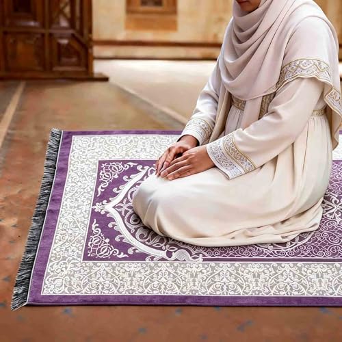 Portable Muslim Prayer Rug and Beads with Gift Box, Soft Islamic Prayer Mat,Travel Praying Mat for Men and Women, Prayer matt Islam Gifts Set, Sajadah/Janamaz/Seccade/سجادة صلاةx (Purple) - color: Purple