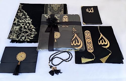 SAIKA Muslim Prayer Rug, 7 in One Gift Set, Prayer Mat Surah Book, Tasbeeh, Scarf, Surah Case, Bookmark, Car Mirror Hanger, Prayer Beads,Islamic Gift for Umrah, Hajj, Wedding, Janamaz (Black) - color: Black