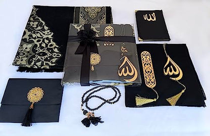 SAIKA Muslim Prayer Rug, 7 in One Gift Set, Prayer Mat Surah Book, Tasbeeh, Scarf, Surah Case, Bookmark, Car Mirror Hanger, Prayer Beads,Islamic Gift for Umrah, Hajj, Wedding, Janamaz (Black) - color: Black