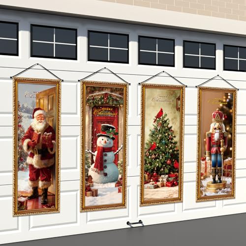 Panelee 4 Pcs Christmas Porch Banners Snowman Santa Nutcracker Xmas Tree Stretching Portraits Wall Decorations Christmas Porch Sign Backdrop for Xmas Indoor Outdoor Wall Hanging Decor - style: Classic