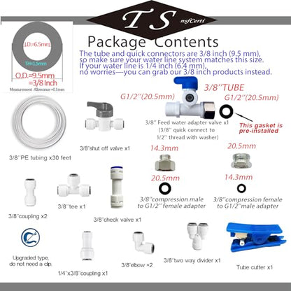 NSF 3/8" inch Water Line Tubing and Push to Connect Fittings for Reverse Osmosis Water Filter RO fittings (Feed water adapter Kits), 11 pcs connetors+30 feet 3/8" O.D. (9.5mm) water tubing. - style: 3/8"(13pcs+30feet)