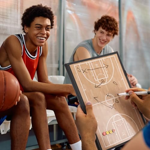 WISYOK Leather Covered Magnetic Basketball Lineup Board, Foldable and Portable Clipboard for Coaches with 48 Cards, 2 Markers, 4 Hooks and 1 Organizer Bag - style: Basketball Leather