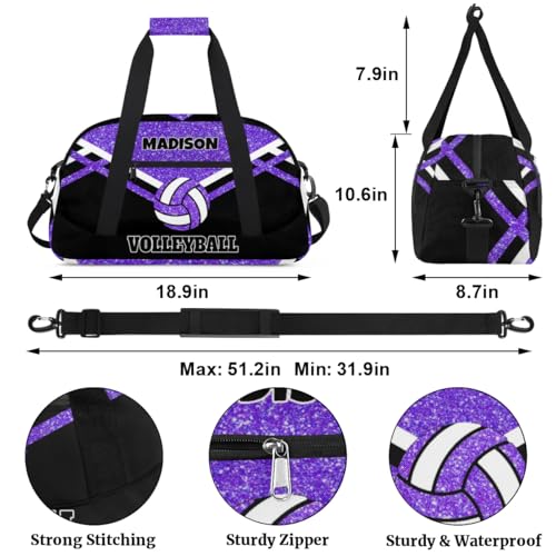 Custom Name Overnight Duffel Bags Volleyball Bag, Purple Black Glitters Personalized Sports Gym Bag Travel Weekender Bags - color: Purple Black