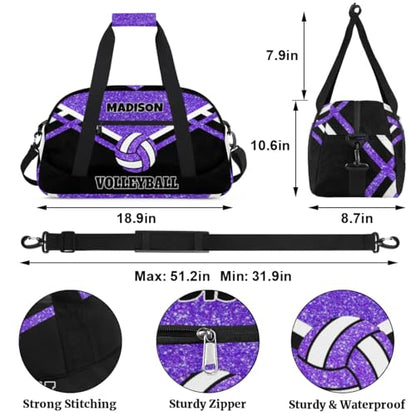 Custom Name Overnight Duffel Bags Volleyball Bag, Purple Black Glitters Personalized Sports Gym Bag Travel Weekender Bags - color: Purple Black