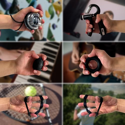 Hand Grip Strengthener Workout Kit (8 Pack) Forearm Grip Adjustable Resistance Hand Gripper, Finger Stretcher, Gyro Ball，Finger Exerciser, Grip Ring