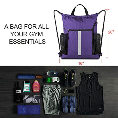 BeeGreen Purple String Bag Sack Gym Backpack with Shoe Compartment and Two Water Bottle Holder for Men Women Lightweight Durable Drawstring Cinch Sackpack - color: Purple, style: Drawstring With Shoe Compartment