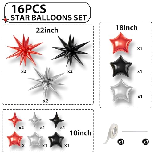 Red Black Silver Star Balloons,16Pcs 22/18/10 Inch Foil Prom Movie Decor - color: Red Black Silver