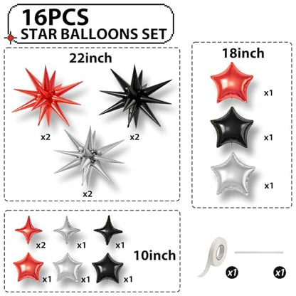 Red Black Silver Star Balloons,16Pcs 22/18/10 Inch Foil Prom Movie Decor - color: Red Black Silver