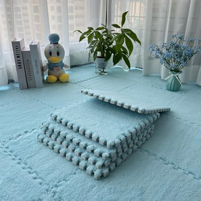 12 PCS Thickened Plush Interlocking Floor Mat Fluffy Square Tiles with 16 Edgings Soft Anti-Slip Puzzle Area Rug for Room (Sky Blue) - color: Sky Blue