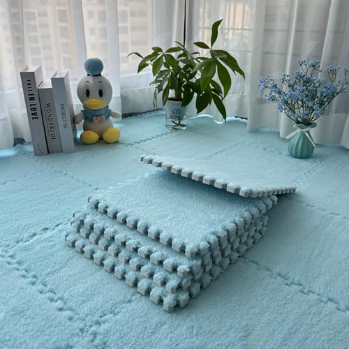 12 PCS Thickened Plush Interlocking Floor Mat Fluffy Square Tiles with 16 Edgings Soft Anti-Slip Puzzle Area Rug for Room (Sky Blue) - color: Sky Blue
