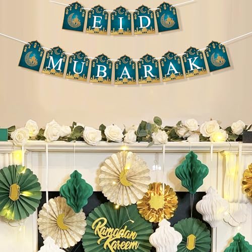 VILIFEVER 2 in 1 Ramadan Eid Mubarak Banner with Lantern Moon Star Sign, Eid Ramadan Mubarak Decorations for Mantel Fireplace Al-fitr Party Decoration Supplies