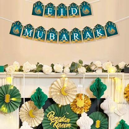 VILIFEVER 2 in 1 Ramadan Eid Mubarak Banner with Lantern Moon Star Sign, Eid Ramadan Mubarak Decorations for Mantel Fireplace Al-fitr Party Decoration Supplies