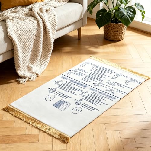 Bilingual Guided Prayer Mat with English Reading & Arabic Recitation Guide, Non-Slip Salah Prayer Mat with Instructions for Prayer Learning, Meditation (White, 80x120cm)