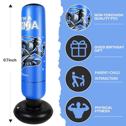 Onirii 66 Inch Kids Inflatable Punching Bag | Large Stable Kids Inflatable Boxing Bag Toy Set with Gloves for Boys & Girls Age 3-12 for Taekwondo,MMA and Practicing Karate - color: Ninja Blue