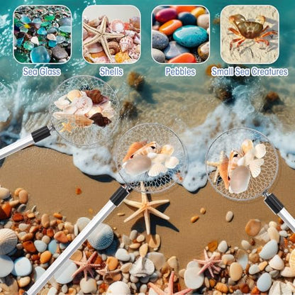 Vinsot 4 Pcs Shark Tooth Sifter Beach Sand Sifter Set 41.4" Adjustable Beach Sand Scoop Shell Scooper with Long Handle for Picking up Shells Beachcombing Rock Hunting