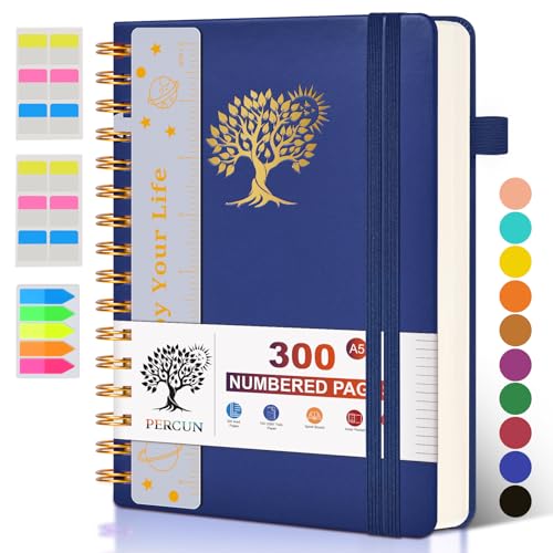 Spiral Notebook Journal for Women Men, 300 Numbered Lined Pages, College Ruled, A5 Hardcover Spiral Bound Notebook for School, Work, Note Taking Writing, Leather Spiral Journal Medium 5.9"x8.5" - color: Navy, size: A5 size (5.9in x 8.5in)