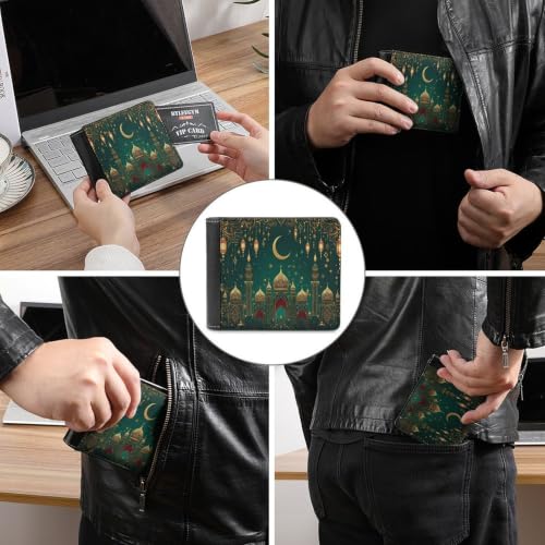 Green & Golden Islamic-Inspired Bifold Wallet 4.6x3.7 Inch,Slim Compact Folding Wallet with Card Slots And Cash Pocket Lightweight Wallet for Everyday Carry Travel Business - color: Green & Golden Islamic-Inspired