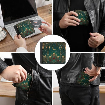 Green & Golden Islamic-Inspired Bifold Wallet 4.6x3.7 Inch,Slim Compact Folding Wallet with Card Slots And Cash Pocket Lightweight Wallet for Everyday Carry Travel Business - color: Green & Golden Islamic-Inspired