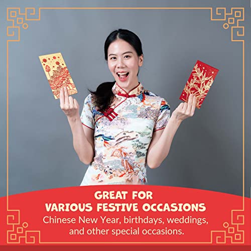 Prims & Flourish Chinese New Year Red Envelopes - 36-Count Chinese Red Packets, Hong Bao with Gold Foil Design, Gift Money Envelopes, Flowers and Bamboos - color: Water Lilies & Bamboos