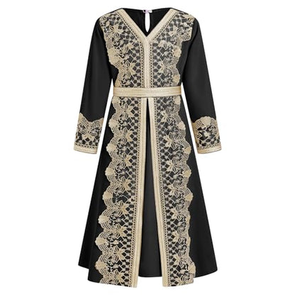 FYMNSI Kids Girls Muslim Abaya Dress Modest Lace Belted Prayer Dress Islamic Maxi Robe Kaftan Ramadan Arabian Dubai Clothes - color: Black, size: 4-5T