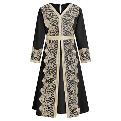 FYMNSI Kids Girls Muslim Abaya Dress Modest Lace Belted Prayer Dress Islamic Maxi Robe Kaftan Ramadan Arabian Dubai Clothes - color: Black, size: 10-11 Years