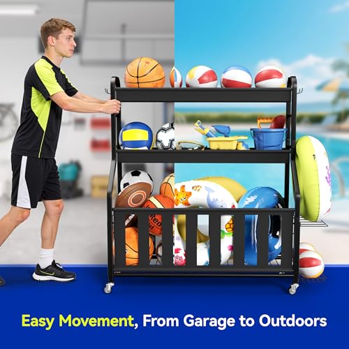 Sports Equipment Organizer, Large Capacity Garage Ball Storage Rack with Wheels, Heavy-Duty Rolling Ball Cart for Basketball, Soccer & Sports Gear