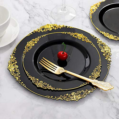 Hioasis 175pcs Black and Gold Plates - Black Party Plates for 25 Guest, Include 50 Heavy-duty Plates(20% Thicker Than Standard), 75 Cutlery Set, 25 Napkin, 25 Cups for Graduation - color: Black and Gold