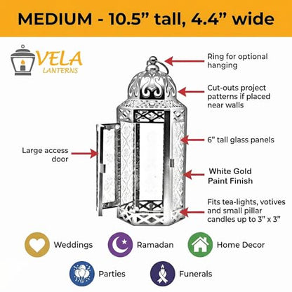 Vela Lanterns Decorative Indoor Moroccan Candle Holder, White Gold, M, 2PK | Ramadan Decorations for Home, Turkish Votive Pillar Lamp, Boho Champagne Tealight Centerpiece, Eid Diwali, 10.5in Tall