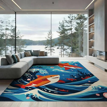 8'x10' Washable Flatwoven Rug, Blue Graphic Wave Stain Resistant Extra Large Carpet for Dining Room, Large Office, Lounge, Non-Slip Chair-Friendly Mat | Ref:2070034 - color: Blue/Pattern 11, size: 8' x 10' (Rectangular)