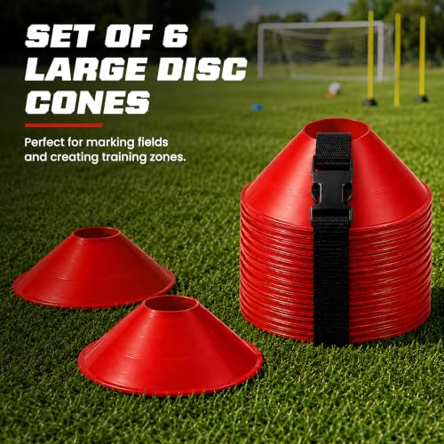 American Challenge Large Disc Cones – Set of 6 Agility Cones for Sports Training – Compact Soccer Cones with Carry Strap for Drills & Practice - color: Red