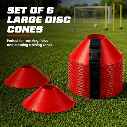 American Challenge Large Disc Cones – Set of 6 Agility Cones for Sports Training – Compact Soccer Cones with Carry Strap for Drills & Practice - color: Red