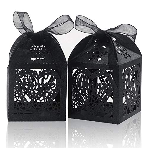 COTOPHER Laser Cut Boxes, 100pcs Thank You Gift Boxes Wedding Party Favor Boxes Lace Candy Boxes for Wedding Baby Shower Birthday Party Decorations with Ribbons (2x2x2.75inch, Black, 100) - color: Black, size: 1 Count (Pack of 100)