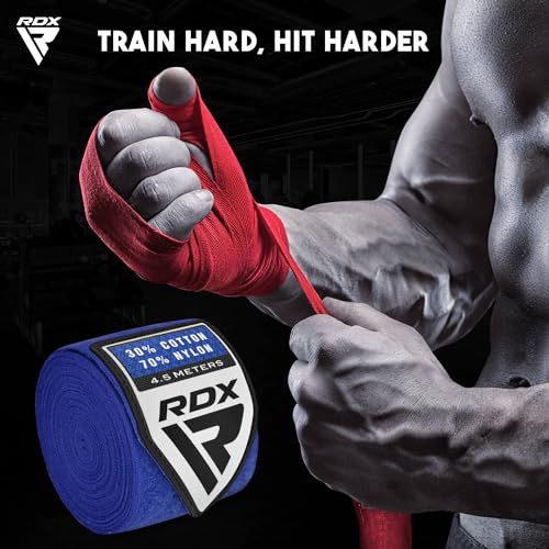 RDX Boxing Hand Wraps 4.5M / 180 Inches – Mexican Style Semi-Elastic MMA Inner Gloves - Wrist Support for Muay Thai, Kickboxing, BJJ, Karate - Thumb Loop & Hook and Loop Closure - Cotton & Nylon Blend - color: Blue