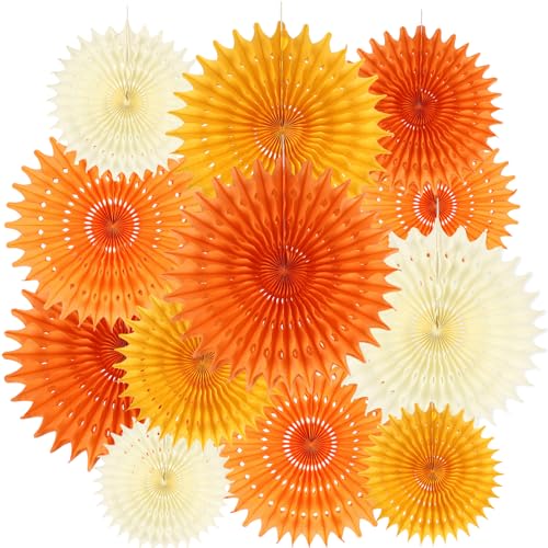 BestoFun 12PCS Orange Paper Fans Fall Party Decorations Tissue Paper Flowers Decorations for Girl Groovy Birthday Baby Shower Wedding Autumn Halloween Thanksgiving Room Wall Hanging Décor - color: Orange Yellow
