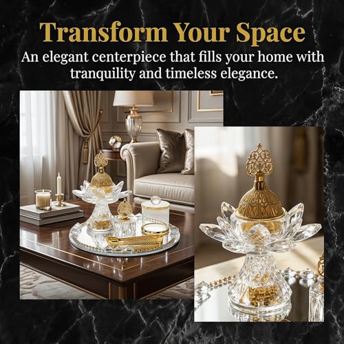 Generic Glass Incense Burner 5-Pieces Set Ramadan Decoration with Tray Storage Jar and Tongs Censer Arabian Incense Holder,Attractive Gold Incense Burner Set for Yoga SPA Desk Decor - style: Style D