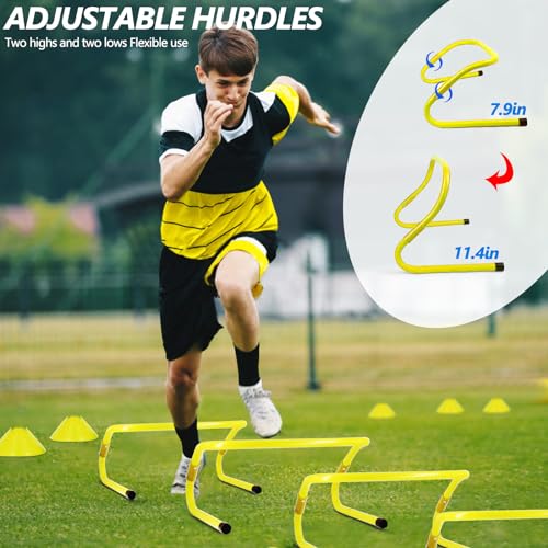 Haootadiy Agility Training Equipment, Football Training Equipment Includes 20FT Agility Ladder,4 Adjustable Agility Hurdles, 12 Football Cones, Parachute, for Training Soccer Basketball Athletes - color: YELLOW