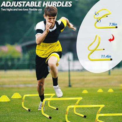 Haootadiy Agility Training Equipment, Football Training Equipment Includes 20FT Agility Ladder,4 Adjustable Agility Hurdles, 12 Football Cones, Parachute, for Training Soccer Basketball Athletes - color: YELLOW