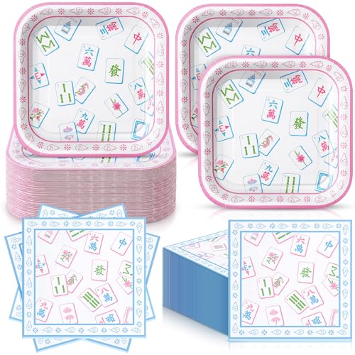 Zhehao 72 Pcs Mahjong Plates and Napkins Set Serve 36 - style: Mahjong