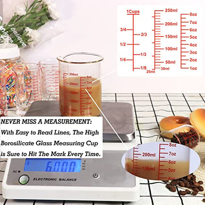 Ackers High Borosilicate Glass Measuring Cup Set with Pour Spout,60ml(2OZ),120ml(4OZ), 250ml(8OZ) Glass Measuring Beaker for Kitchen or Restaurant, Easy to Read - size: 60ml/120ml/250ml Measuring Cup Set