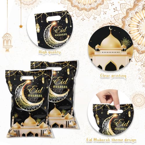 Eid Mubarak Gift Bags with Die Cut Handles, 50pcs - Gold Muslim Mosque Moon Stars Lantern Print Ramadan Theme Black Goodie Candy Snack Plastic Bags Pouch for Muslim Islamic Diwali Party Favor Kids Gifts