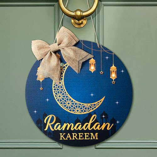 L1rabe Ramadan Kareem Hanging Ornament - Eid Mubarak Wreath Wooden Hanging Door Sign Decorations Islam Moon Blue Gold Welcome Door Wall Decor Eid Mubarak Party Supplies (Cotton Linen Bow Included) - color: Blue Gold