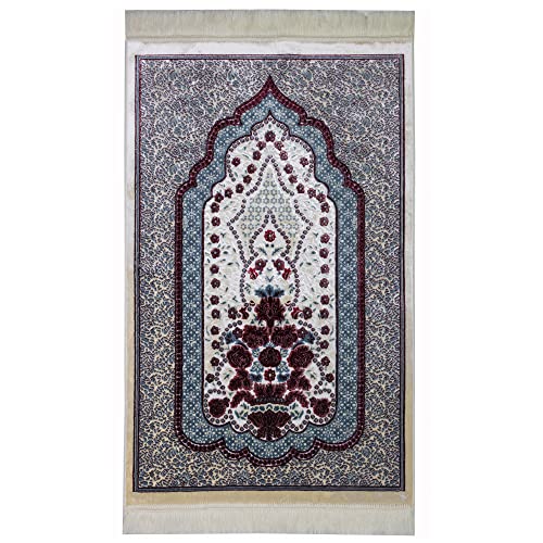 Modefa Turkish Islamic Velvet Prayer Rug - Prayer Mat Carpet for Men and Women - Traditional Muslim Janamaz Sajada - Ramadan or Eid Gift - with Car Hanger - Luxury Winter Rose (Blue/Red) - color: Blue / Red