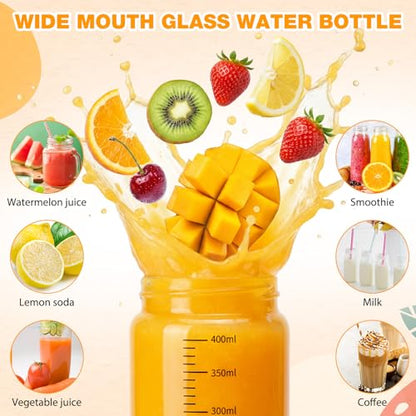 LemonRoad 12 Pack 13.5 oz Glass Juice Bottles Bulk Scale Wide Mouth Glass Water Bottle with Leakproof Stainless Steel Lids, Borosilicate Reusable Container for Juicing Smoothies Infused Water - size: 13.5 oz