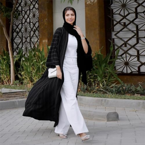 Womens Muslim Kimono Abaya Solid Striped Retro Ethnic Cardigan Robe Dubai Middle Eastern Saudi Arabia Eid Clothes - color: Black Cardigan + Hijab, size: XX-Large