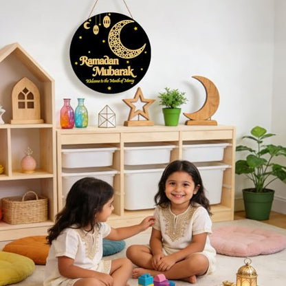 Ramadan Decoration Wooden Ramadan Mubarak Wreath for Front Door Sign Eid Mubarak Wreath Hanging for Islamic Home Wall Decor Eid Decorations
