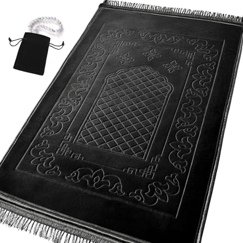 Islamika Prayer Mat Thick Islamic Muslim Rug - Padded mat Sajadah Men Women with Islam Prayer Beads for Eid Travel Ramadan, Soft and Padded (Black) - color: Black